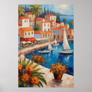 Watercolor Coastal Village With Flowers sailboat   Poster