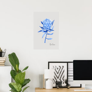 Watercolor Cobalt Blue Tropical Protea Flower Poster