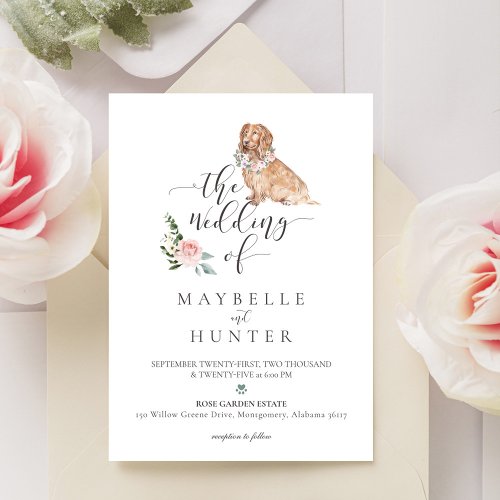 Watercolor Cocker Spaniel Dog  Floral Pink Rose Invitation