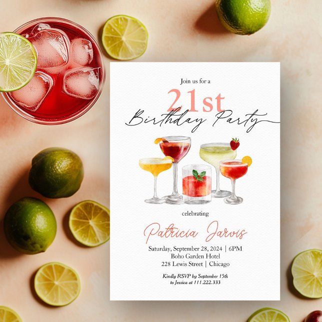 Watercolor Cocktail 21st Birthday Party Invitation (Creator Uploaded)