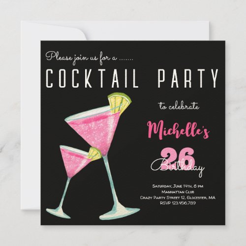 Watercolor Cocktail birthday party black Invitation