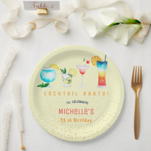 Watercolor Cocktail birthday party for adults Paper Plates