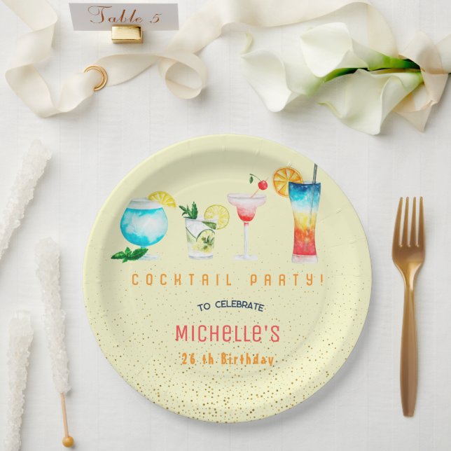 Watercolor Cocktail birthday party for adults Paper Plates (Wedding)