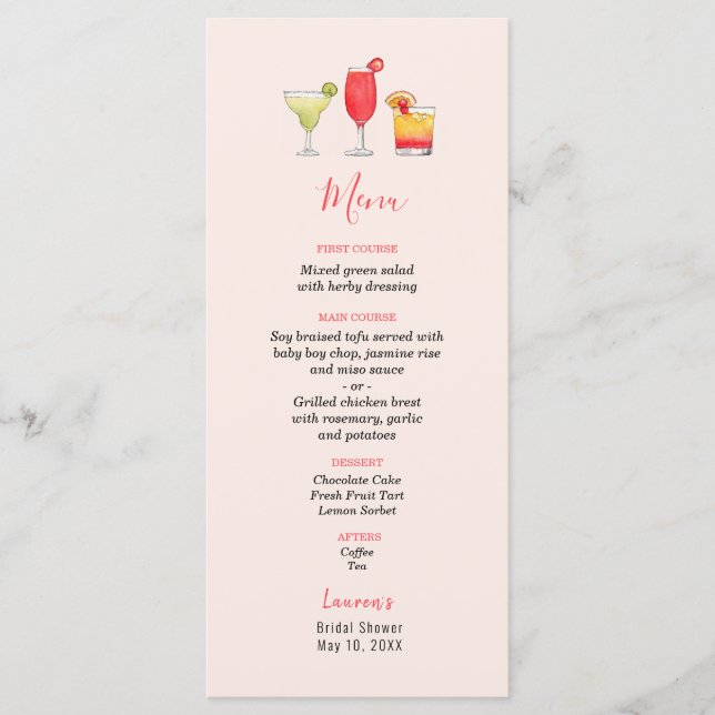 Watercolor Cocktail Bridal shower menu  (Front)