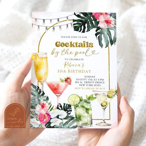 Watercolor Cocktail by the Pool Adult Birthday Invitation