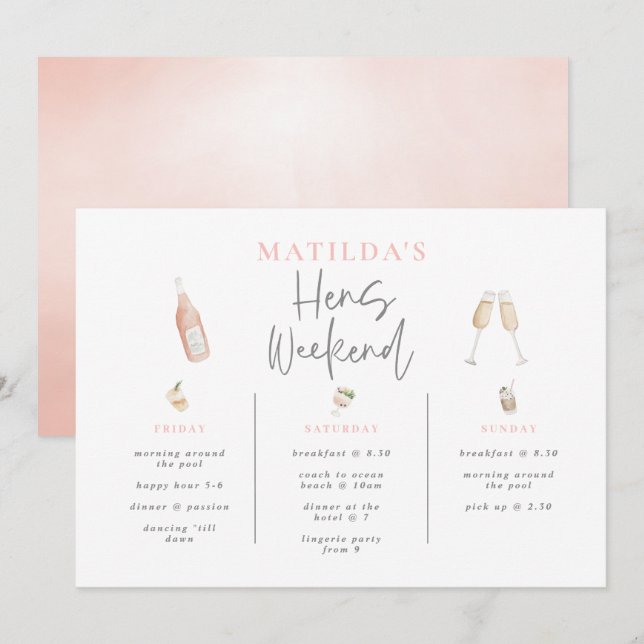Watercolor cocktail champagne hens weekend 3 day (Front/Back)