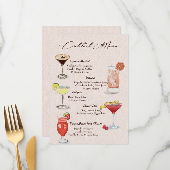Watercolor Cocktail Drink Menu (Front/Back In Situ)