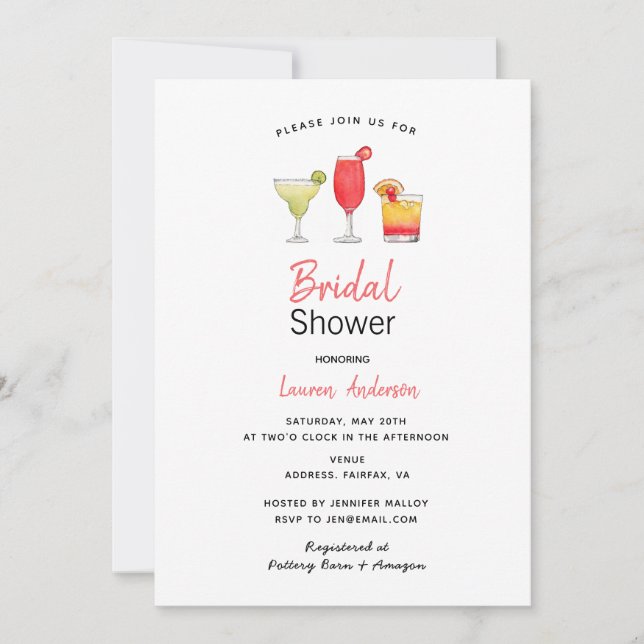 Watercolor cocktail drinks bridal shower announcement (Front)