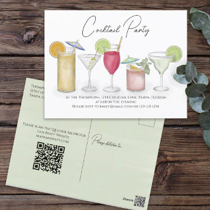 Watercolor Cocktail Drinks QR Code Party Website  Postcard