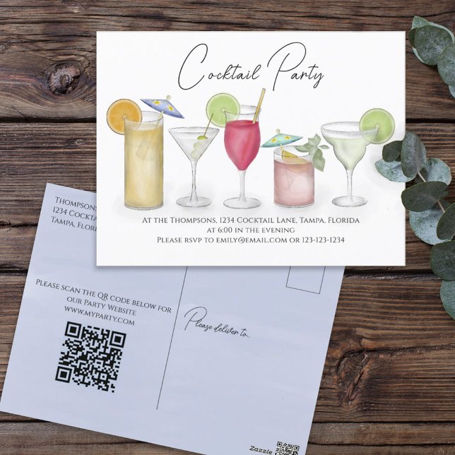 Watercolor Cocktail Drinks QR Code Party Website Postcard (Creator Uploaded)