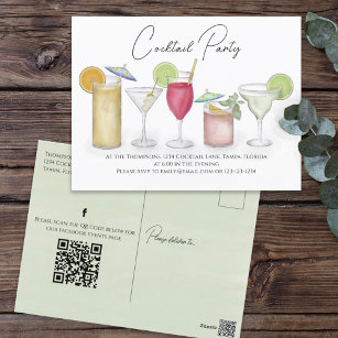 Watercolor Cocktail Drinks QR Code Social Media Postcard