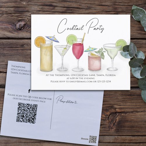 Watercolor Cocktail Drinks QR Code Social Media   Postcard