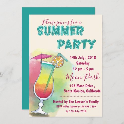 Watercolor  Cocktail Glass  Summer Party Invitation