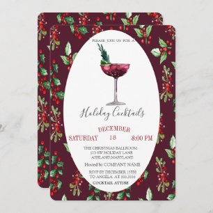 Watercolor Cocktail Holly Berry Christmas Invitation