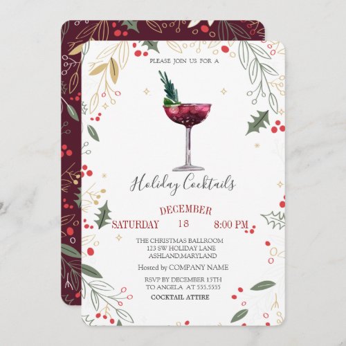  Watercolor Cocktail Holly Company Christmas  Invitation