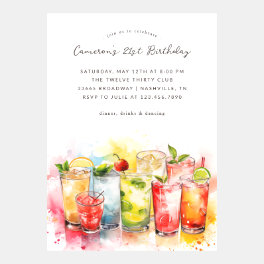 Watercolor Cocktail Hour 21st Birthday Invitation