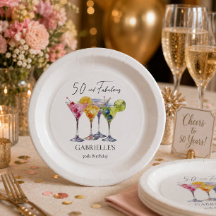 Watercolor Cocktail Martini Happy 50tht Birthday Paper Plates