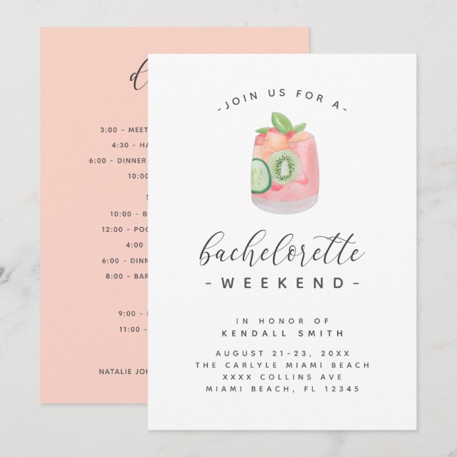 Watercolor Cocktail Minimal Bachelorette Weekend Invitation (Front/Back)