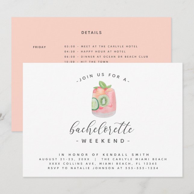Watercolor Cocktail Minimal Bachelorette Weekend Invitation (Front/Back)