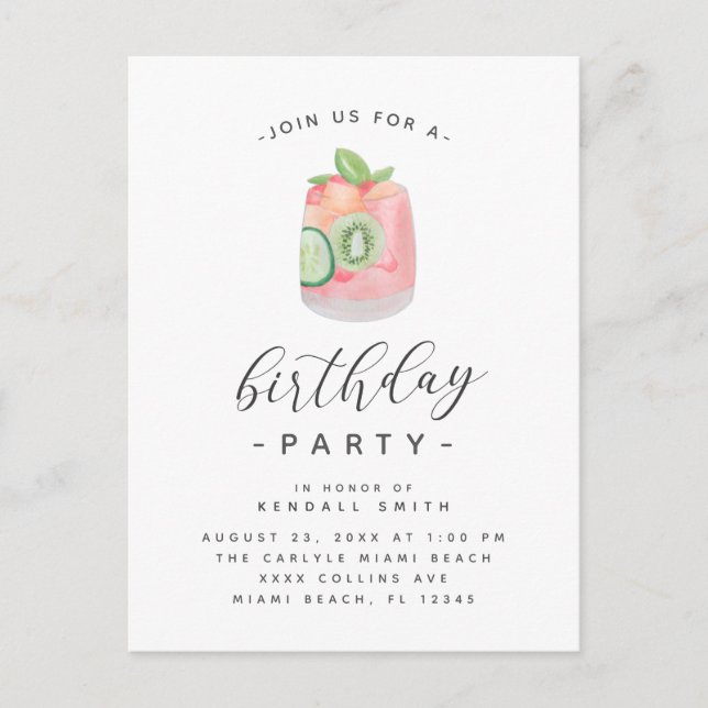 Watercolor Cocktail Minimalist Birthday Party Postcard (Front)