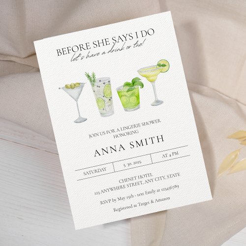 Watercolor Cocktail Party Margarita Bridal Shower Invitation