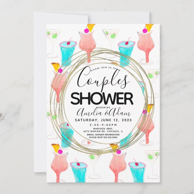 Watercolor Cocktail Pattern Couples Shower Invitat Invitation (Front)