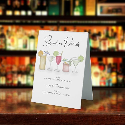 Watercolor Cocktail Signature Drinks Calligraphy  Table Tent Sign