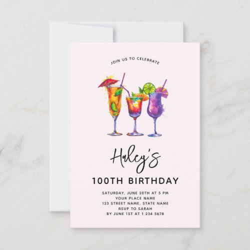 Watercolor Cocktails 100th Birthday Party Invitation