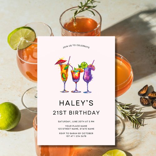 Watercolor Cocktails 21st Birthday Party Invitation