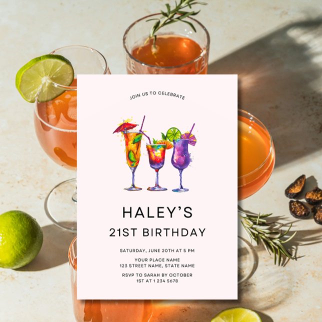 Watercolor Cocktails 21st Birthday Party Invitation (Creator Uploaded)