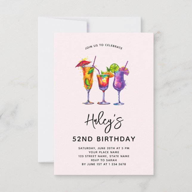 Watercolor Cocktails 52nd Birthday Party Invitation (Front)