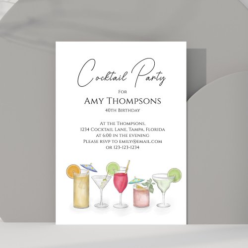 Watercolor Cocktails Adult Birthday Party Invitation