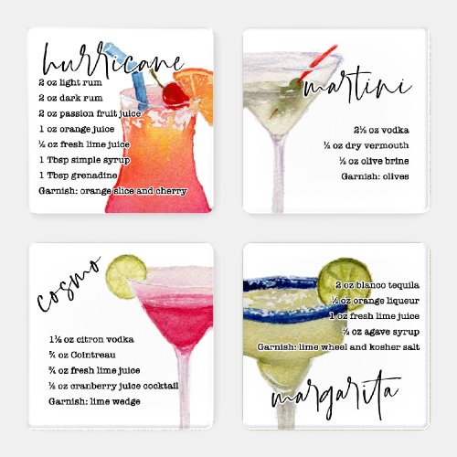 Watercolor Cocktails and Recipes Coaster Set