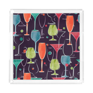 Watercolor cocktails, colorful vintage pattern. acrylic tray