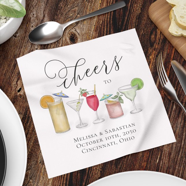 Watercolor Cocktails Custom Wedding Napkins (Cheers, cute wedding cocktail napkin with cocktails artwork. )