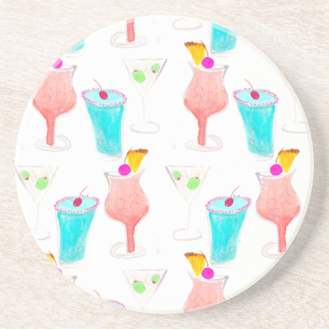 Watercolor Cocktails Drink Pattern Bar  Coaster (Front)