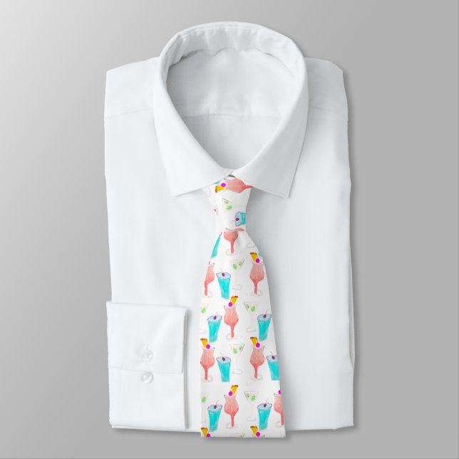 Watercolor Cocktails Drink Pattern Bartender Gifts Neck Tie (Tied)
