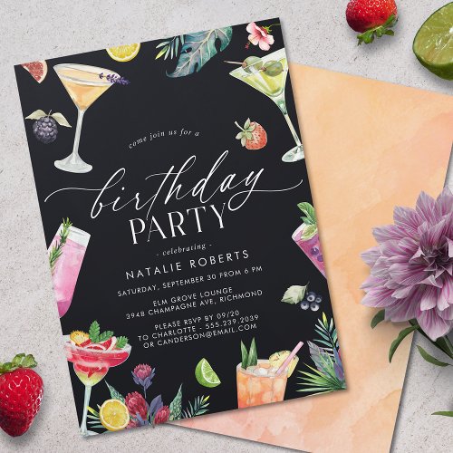 Watercolor Cocktails  Fun Any Age Womens Birthday Invitation