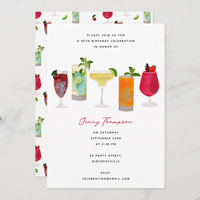 Watercolor Cocktails Party Drinks Birthday Party Invitation (Front/Back)