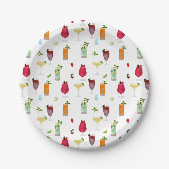 Watercolor Cocktails & Party Drinks Paper Plates (Front)