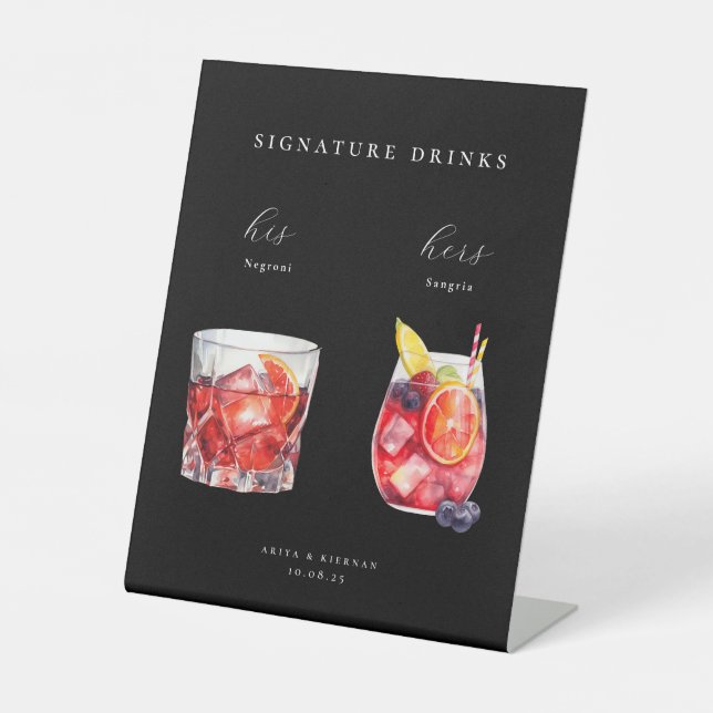 Watercolor Cocktails Wedding Signature Drinks Pedestal Sign (Front)