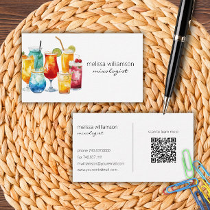 Watercolor Cocktails with QR Code  Business Card