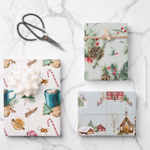Watercolor Cocoa Foliage Village Christmas Holiday Wrapping Paper Sheets