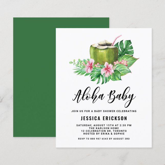 Watercolor Coconut Aloha Baby Shower Invitation (Front/Back)