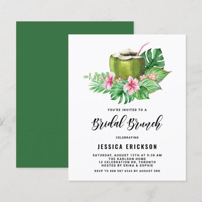 Watercolor Coconut Summer Bridal Brunch Invitation (Front/Back)