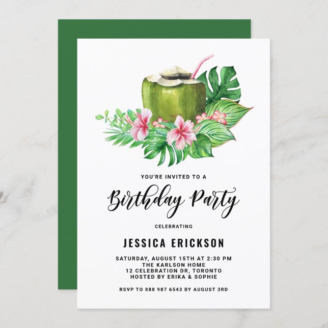 Watercolor Coconut Tropical Summer Birthday Party Invitation (Front/Back)