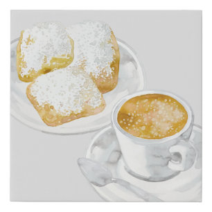 Watercolor Coffee & Beignets Faux Canvas Print