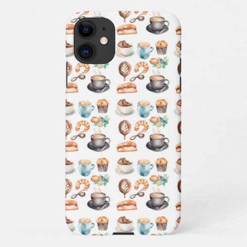 Watercolor Coffee Clip Art Pattern Set iPhone 11 Case