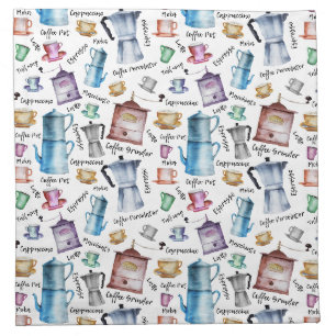 Watercolor coffee espresso cups, mugs pots pattern cloth napkin