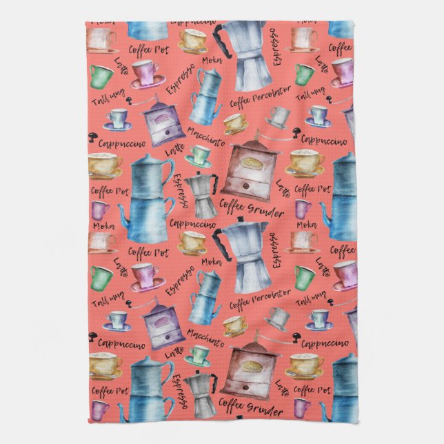 Watercolor coffee espresso cups, mugs pots pattern kitchen towel (Vertical)